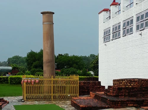 Ashoka pillar and holy pond is pictured during the Lumbini Tour.
