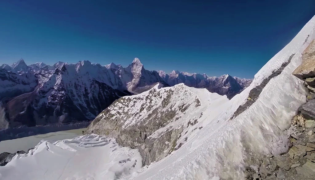 An amazing view of glaciers down below while climbing up to the summit of Island Peak