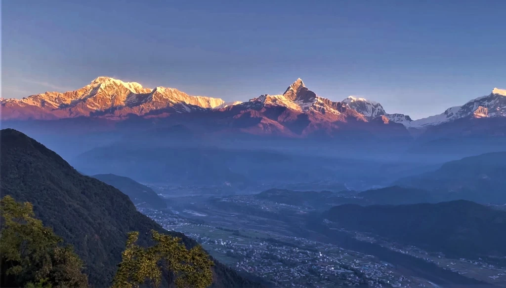 A mesmerizing view of Annapurna mountain range from Sarangkot after sunrise.