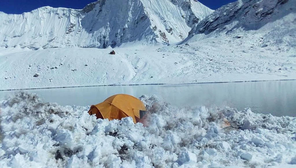 baruntse base camp near a lake before heading to camp i during baruntse expedition