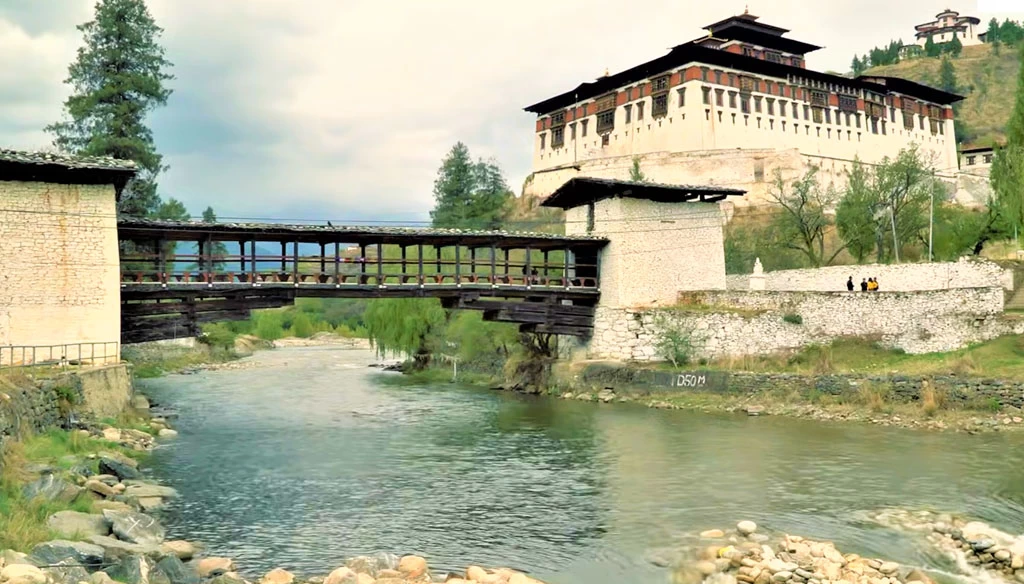 Beautiful Monastery and wooden bridge is pictured during the Bhutan tour.
