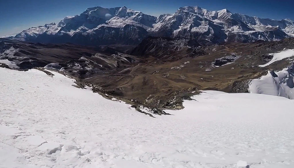 An amazing view of Annapurna mountain range from near the summit