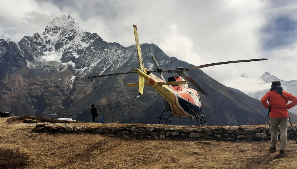 our clients taking halt at Everest view hotel during our helicopter return from Everest base camp