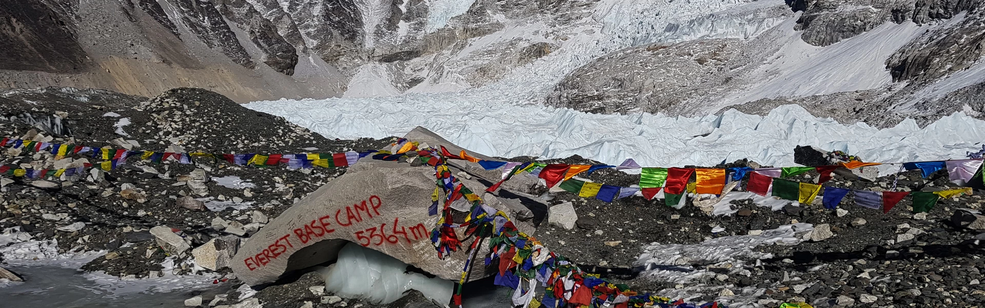 At Everest base camp and it's landmark.