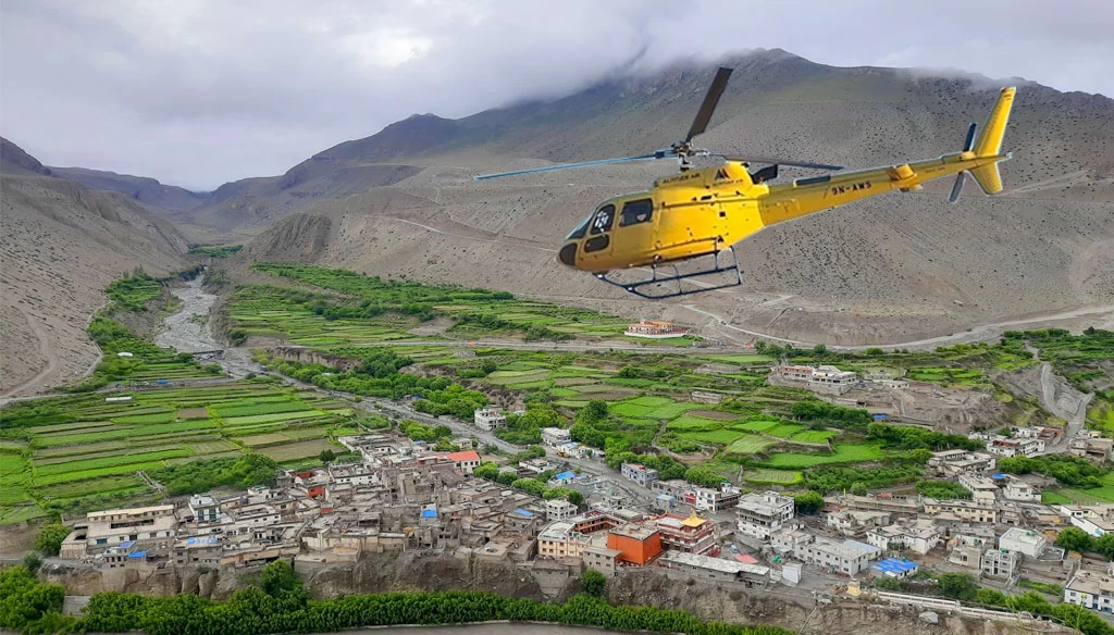 helicopter over mustang village