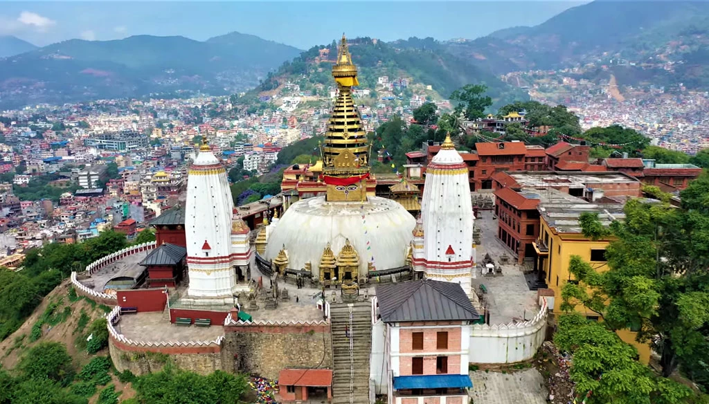 The beautiful Swayambhunath Temple is pictured from Arial.