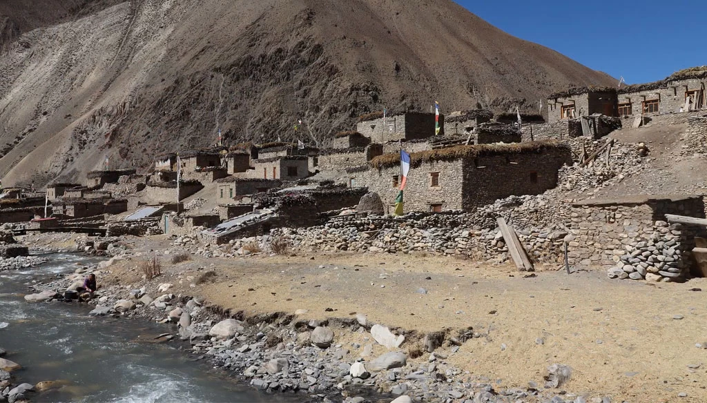 The village of Dho and River as pictured in Lower Dolpo Region.