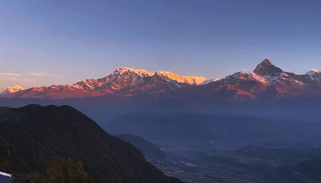 a stunning morning view and mountains is pictured from Sarangkot.