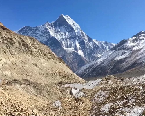 Mount Fishtail Is Captured While Crossing The Annapurna Glacier Enroute To Tent Peak Base Camp.